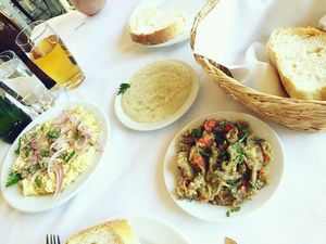Mashed Beans, Eggplant Salad, Garlic Dip at TO Limani in Thasos