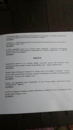 Menu at Kind Earth Eatery in Dar Es Salaam