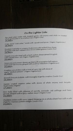 Menu at Kind Earth Eatery in Dar Es Salaam