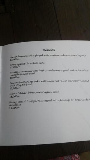 Menu at Kind Earth Eatery in Dar Es Salaam
