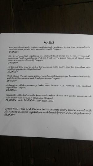 Menu at Kind Earth Eatery in Dar Es Salaam
