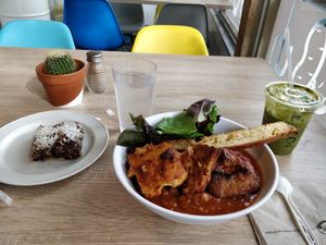 Coconut brownie, moroccan soup and green smoothie at Urban Herbivore - Kensington Market in Toronto