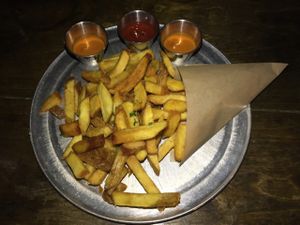 fries with vegan sauces my favorite is the curry sauce at Blind Lady Ale House in San Diego