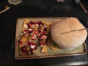 burger with fries at Peter Pane in Binz