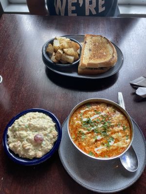 Tarragon chickpea salad, corn chowder, Patty Melt with side of Potatoes  at Graze in Nashville