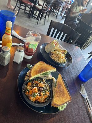 Chickpea Tuna Melt with quinoa salad; Club wrap with macaroni salad. Delicious!!!!  at Graze in Nashville
