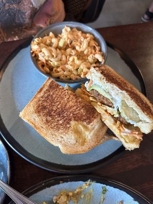 Hot Tempeh Sandwich with side of Macaroni Salad  at Graze in Nashville