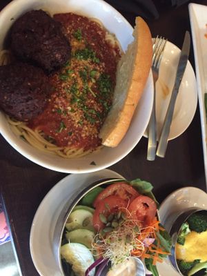 Spaghetti &wheat balls, garlic bread, salad, and broccoli with cashew sauce at Graze in Nashville