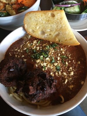 Spaghetti and wheat balls with garlic bread at Graze in Nashville