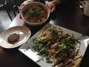 Scrambled tofu bowl, cauliflower sausage on the side, tofu rancheros at Graze in Nashville