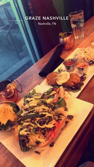 Brussel & mushroom sandwich w broccoli cheeze & the sea & earth salad  at Graze in Nashville