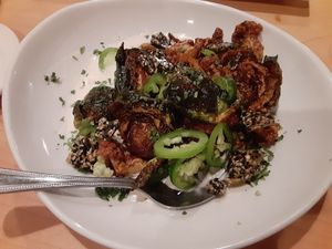 Coconut cauliflower and brussel sprouts at Poppycock's in Traverse City