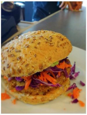Spicy Cauliflower Galaxy Burger (vegan) at Spokes Bike Cafe in Squamish