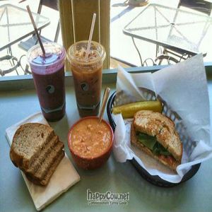 roasted tomato white bean soup (vegan) w bread, Elixir smoothie, iced soy latte, half a #1 sandwich with avocado, tomato, spinach & colby cheddar at The Dish Cafe in Traverse City