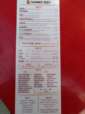 Menu to create your own pita at The Hummus and Pita Co in New York City