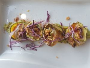 Starter - cheese wrapped in courgettes  at Dolmen Bar in Lanzarote