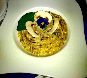 Sardinian risotto with vegan cream of mushrooms, truffle and rice cheese  at Dolmen Bar in Lanzarote