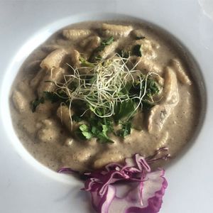 The special Vegan dish of Sardinian pasta with creamy sauce. at Dolmen Bar in Lanzarote