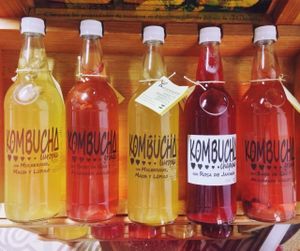 Locally-made kombucha for sale in our restaurant and fair trade store! at La Casa de Cervantes in Guatemala City