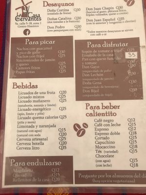 Menu at La Casa de Cervantes in Guatemala City