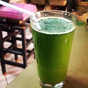 Green Detox Juice with shot of Spirulina at Ayaso Restaurant in Marrakech