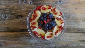 Las Olas Acai Bowl made with blended organic acai, banana, almond milk; topped with gluten-free granola, organic strawberry, organic blueberry, organic hemp seeds, honey.  at SpaJuiceBar in Fort Lauderdale