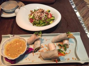 Spring rolls and salad at Uu Dam Chay in Hanoi
