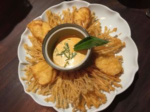 Fried mushrooms with Thai sauce and it's extraordinary! at Uu Dam Chay in Hanoi