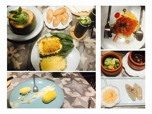 Fried rice in pineapple, mushroom soup in coconut, spaghetti, boiled vegies with stew sauce, fried spring rolls and dessert at Uu Dam Chay in Hanoi