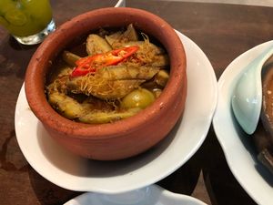 Green banana thing, comes with rice at Uu Dam Chay in Hanoi