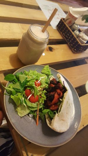 eggplant pita and chai smoothie at Om Hanoi in Hanoi