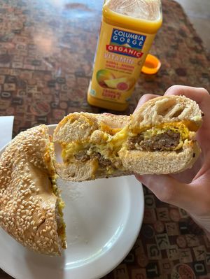 Breakfast sandwich on sesame bagel  at Tiny's Coffee - North East in Portland