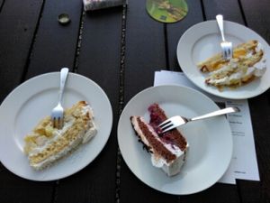 Vegan piña colada cake, black forest cake and peach cream cake (pieces are usually twice this size) at VeBistro in Wittersheim