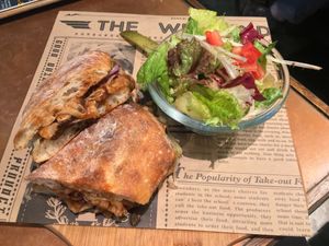 Pulled mushroom sandwich, subbed salad for fries. Delicious! at URBN Culture in Taipei