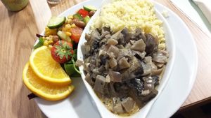 Mushroom stroganoff with cous cous at PerryLicious Coffee and Cake Rooms in Teignmouth