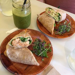 Grasshopper smoothie, Chickadee and White Buffalo wraps. at GOOD juju in Frederick