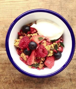 sweet potato granola with soy yogurt and fresh berries  at gud in Altrincham