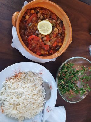 Lebanese salad as a starter, baked aubergine main (vegan) at Al Zaytouna in Vienna
