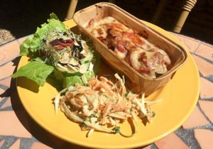 A "plat du jour," Moussaka with Eggplant, Tofu & Tomato Sauce and  “Moczarella" (Mozzarella made from cashews)  at SmooVie Grignotheque in Saint-leon-sur-vezere