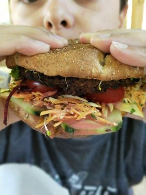 Homemade veggie burger, with all the toppings at SmooVie Grignotheque in Saint-leon-sur-vezere