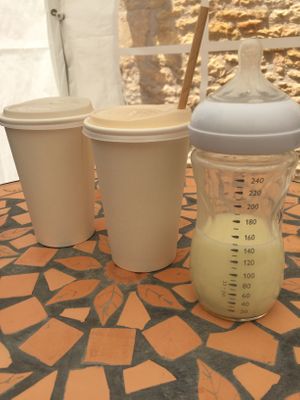 Homemade lemonade, orange smoothie and my baby meal freshly milk ^^ at SmooVie Grignotheque in Saint-leon-sur-vezere