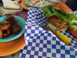 Okie Dokie Artichoke veggie burger with plaintain side at Beach Burgerz in Flagler Beach