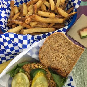 okie dokie Artichokie on sprouted bread, pickle, jalapeño, and Sriracha aioli    at Beach Burgerz in Flagler Beach