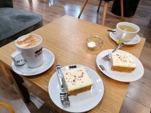 Chai tea latte, carrot cake and green tea at 3 Three's Coffee Lounge in Birmingham