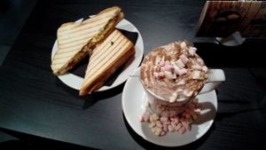 bacon, cheese and mushroom toastie and hot chocolate at 3 Three's Coffee Lounge in Birmingham