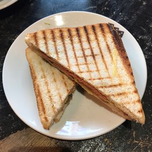vegan cheese, bacon and mushroom toastie!  at 3 Three's Coffee Lounge in Birmingham