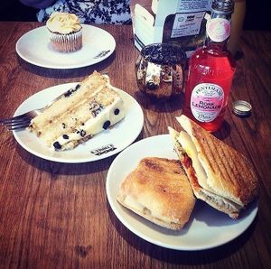 Vegan mozzarella and chorizo panini & vegan Oreo cake slice at 3 Three's Coffee Lounge in Birmingham