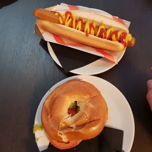 Vegan Hotdog and Cream Cheese N Avo Bagel at 3 Three's Coffee Lounge in Birmingham