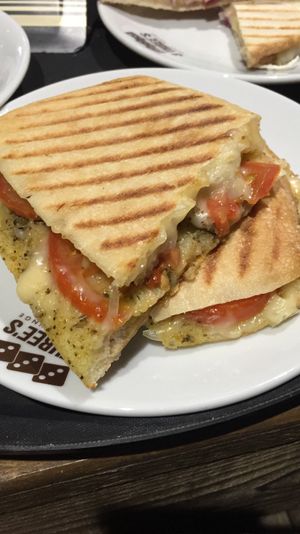 Vegan Mozzarella and tomato panini  at 3 Three's Coffee Lounge in Birmingham