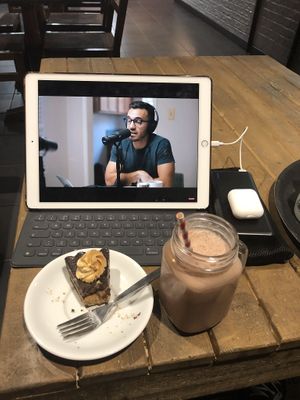 Peanut butter and chocolate cake with chocolate ice cream milkshake  at 3 Three's Coffee Lounge in Birmingham